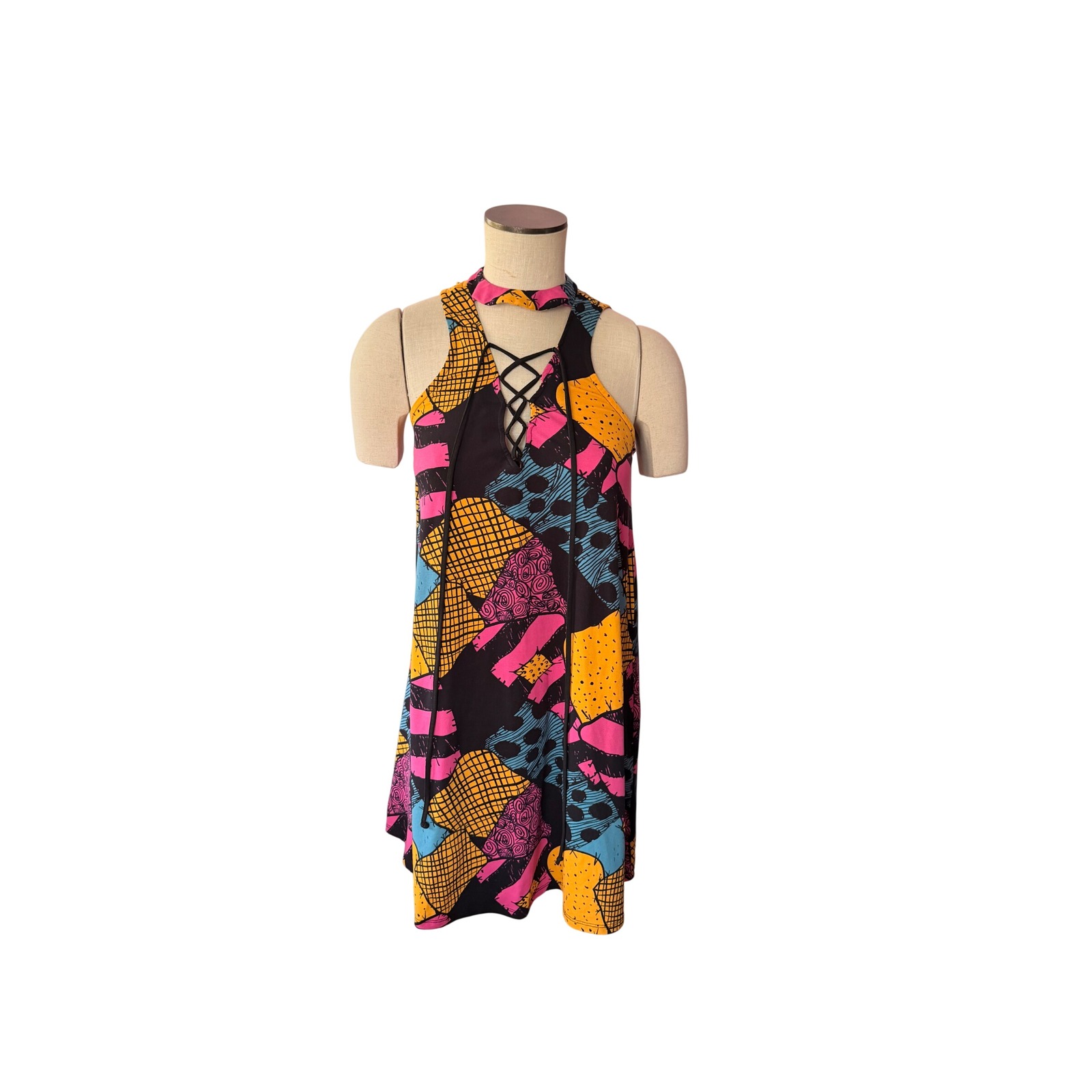 Disney Nbc Sally Patchwork Dress S Multicolor Lace-Up Halter